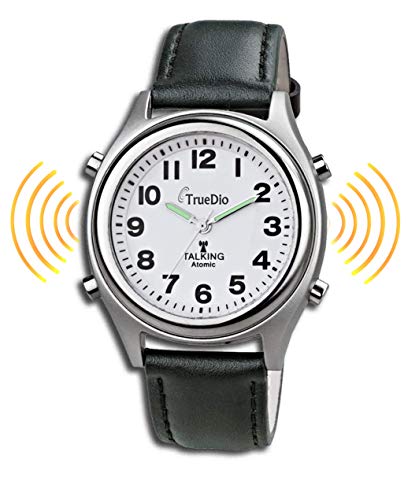 Atomic Talking Watch by Truedio - Men's Talking Wrist Watch for Visually Impaired with Stretch and Leather Band - Loud and Clear American Voice Speaks Alarm, Time, Day, Date, and Year (Leather Band)
