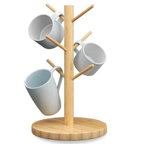 bamzc brz Bamboo Mug Holder Tree, Countertop 6-Hooks, Storage Tray, Natural