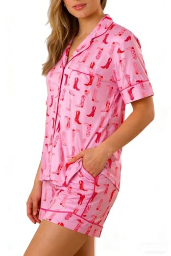Image of Yiulangde Valentine Pink Rodeo Silk Pjs Y2k Cowgirl Boots Western Pajamas Satin Short Set for Women 2 Piece Cowboy Shorts Lounge Sets