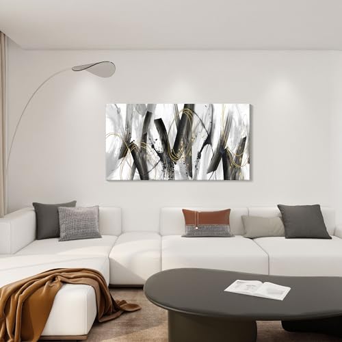 Image of AJAZIKO Black and Gold Modern Wall Art - Large Abstract Wall Art Decor for Living Room, Bedroom, Office - Elegant Black and White Painting for Stylish Home Decor
