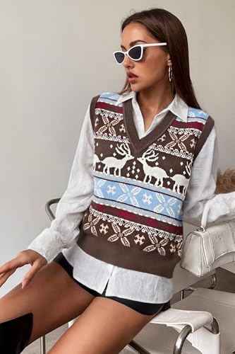 Image of JULYCLO Christmas Sweater Vest Women Ugly Xmas Reindeer Knit Sweaters Casual Santa Snowflake V Neck Sleeveless Outwear Tops