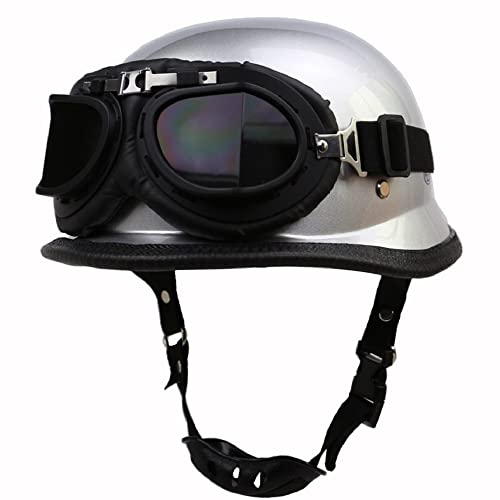 Motorcycle German Style Open Face Helmet Cap Half Shell Helmet With Goggles Silver Half Face Helmet Vintage Motorbike Half Helmet Dot/Ece Approved Men Women (Color : B, Size : M=57-58Cm) #TOP11