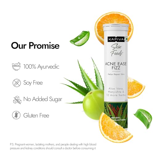 Kapiva Acne Ease Fizz | 100% Ayurvedic Acne Control Fizz Tablet | Clear, Pimple-Free Skin | Blood Purifier with Neem, Tulsi, Sandalwood | Orange Flavor