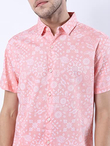 Image of KETCH Mens Half Sleeve Slim Fit Shirt Coral /White