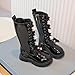 Black Knee Length Boots for Girls:Fashion Lace Up Side Zipper Combat Booties High Tall Bow Winter Shoes Hiking Party Dress（Size2,Black
