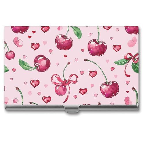 Slim Metal Business Card Holder - Cherry And Heart Shape Aluminum Alloy Card Case with Buckle Closure, Holds 20 Cards & Cash, Professional Credit Card Size ID Holder for Men Women Gift