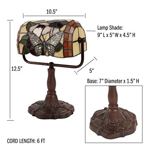 Lavish Home Tiffany Style Bankers Lamp-Stained Glass Butterfly Design Table or Desk Light LED Bulb Included-Vintage Look Colorful Accent Decor, Metal, Multicolor, (L) 10.5" x (W) 5" x (H) 12.5"