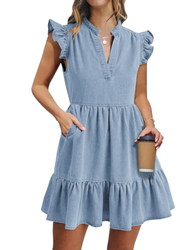 Image of POTILI Denim Dress for Women Mini Jean Dress with Pockets | Ruffle Sleeve, V-neck, Two Side Pockets