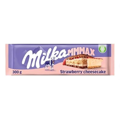 Milka MMMAX Tableta Grande de Chocolate con Leche de los Alpes con Relleno de Tarta de Queso con Galleta y Fresa 300g 1 unidad