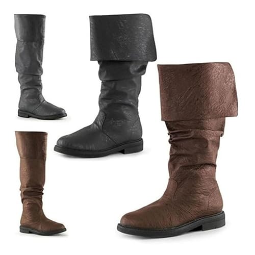 Botas Occidentales para Hombre Botas Piratas Medievales, Botas Góticas para Hombres y Mujeres Tirando de la Pantorrilla, Botas Planas de Jazz, Botas de Caballero,Marrón,46 EU