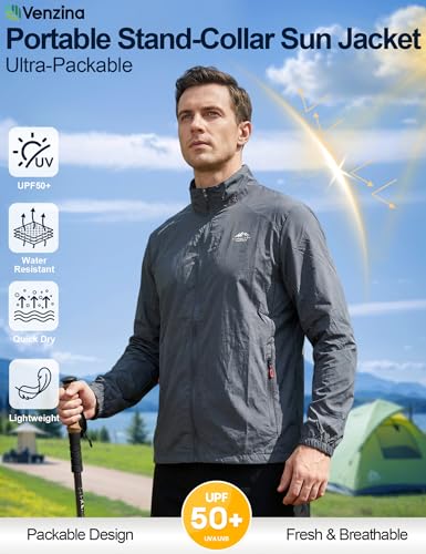 Image of Venzina Sunscreen Jacket for Men Sunproof Jacket for Men UPF 50+ Slim Fit Stand Collar Wind Resistant Packable Breathable Quick Dry Running Bike Outdoor Sports Grey L