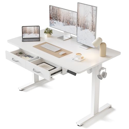 FEZIBO Adjustable Height Electric Standing Desk with Double Drawer, 48 x 24 Inches Stand Up Home Office Desk with Splice Tabletop, White Frame/White Top