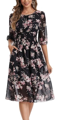 Image of Kormei Women Casual Boho Floral Round Neck 3 /4 Sleeve Smocked Waist Tiered A Line Flowy Swing Midi Dress Long Dresses