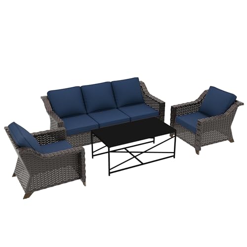 Image of 4 Pieces Outdoor Conversation Furniture Set - 77 inch Patio Sofa, 2 Wicker Armchairs, 1 Metal Coffee Table, Patio Wicker Furniture Set with Water-Resistant Cushions for Sunroom (Navy Blue) | Patio Chair Set with Olefin Removable Cushion, All-Weather Outdoor Couch with Deep Seat for Porch, Deck and Backyard, Blue