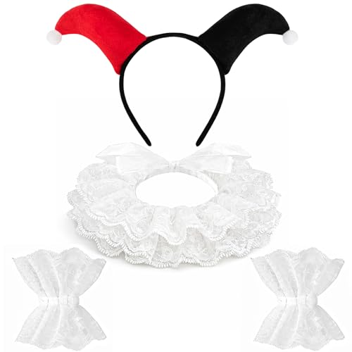 Lrvcnva Clown Collar Headband Cuffs Set Clown Costume Accessories with Jester Hat Ruffle Collar and Lace Wrist Cuffs Red and Black