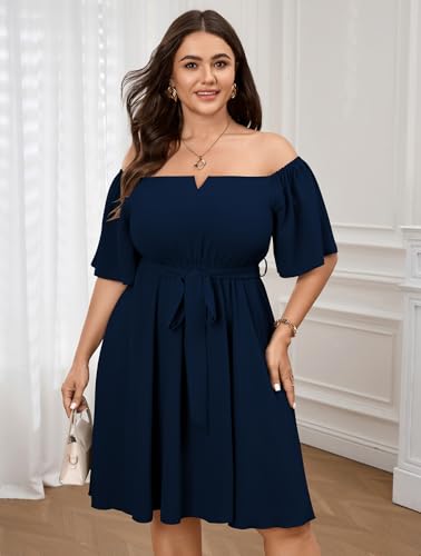 Image of SCOMCHIC Womens Plus Size Cocktail Dress Summer Off Shoulder Short Sleeve Flowy Ruffle A-Line Cute Mini Dress with Belt