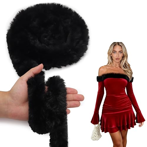 Black Fur Trim for Sewing, Furry Faux Fur Strips Ribbon Trim for Christmas Xmas Tree Wreath Decor Crafts DIY 1.77 Inch 4 Yards