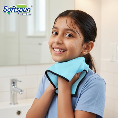 Image of SOFTSPUN Microfiber Baby Hand & Face Wipes 280 GSM 20x30 Cms 4 Piece Towel Set Light Sky Blue! Super Soft & Comfortable for Newborn Baby and Kids Quick Drying Ultra Absorbent in Small Size.