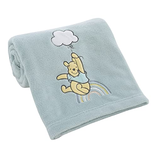 Image of Disney Winnie The Pooh Hello Sunshine Aqua Super Soft Baby Blanket with Multi Colored Rainbow & Cloud Applique, Aqua, Yellow, White