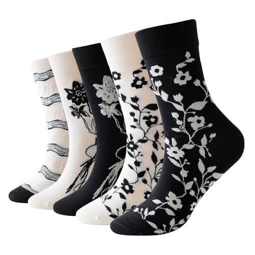 Mottee&Zconia Women's Crew Socks,Over the Ankle,Cute Floral Socks,Cotton White Black Socks,5pack(Size5-9)