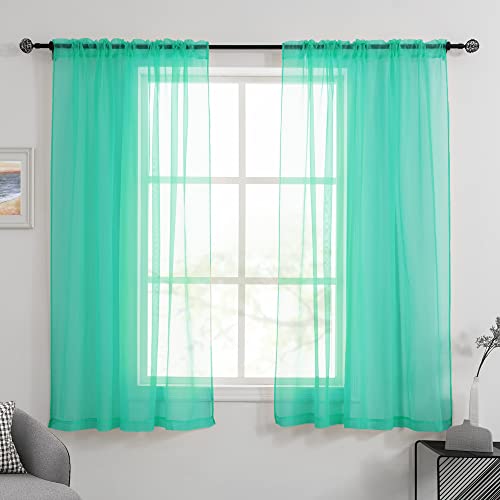 Huto Short Sheer Curtains For Small Windows Rod Pocket Turquoise Window Sheer Drapes For Kitchen Bathroom 2 Panels 52 Inches Wide By 45 Inches Long #TOP2