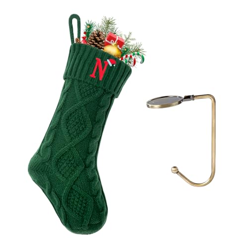 VRFASHION Christmas Stockings with Initials, Letter N Embroidered Xmas Stockings, 18" Large Monogram Knitted Xmas Stocking, Christmas Party Fireplace Family Hanging Stocking Decorations(1 Pack, Green)