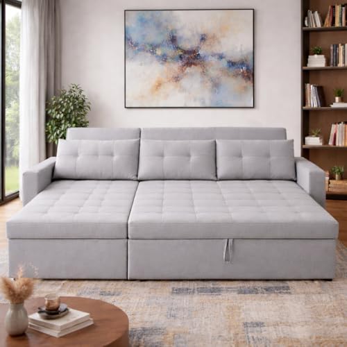 Image of Emilio 4 Seater LHS L - Shape Pull-Out Sofa Cum Bed Sofa for Living Room (Grey Fabric Color) Premium Fabric Sofa Set for Living Room Sofa Cum Bed