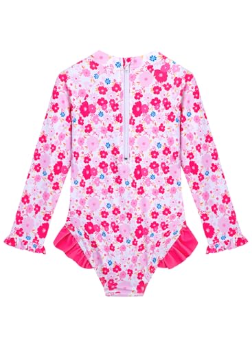 Image of Baby Toddler Girl Long Sleeve Ruffle Swimsuit One Piece Zipper Rash Guard Bathing Suit with UPF 50+ Sun Protection