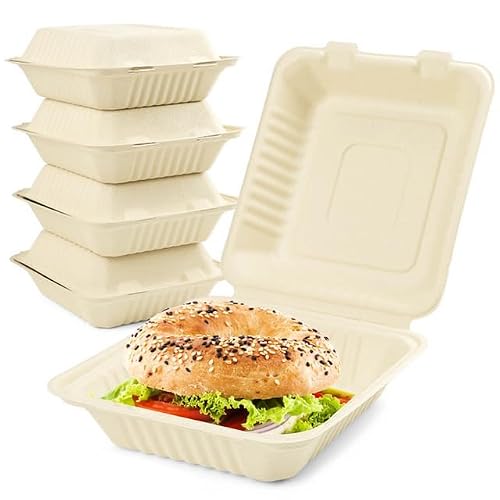 Pony Packaging 8X8 50-Pack 100% Compostable Clamshell Take Out Food Containers, Heavy-Duty Quality to go Containers, Natural Disposable Bagasse, Eco-Friendly Biodegradable Made of Sugar Cane Fibers - Thumbnail 3