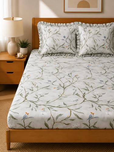 Image of 350 TC Premium Heavy Cotton Feel Elastic Fitted Bedsheet King Size with 2 Frill Pillow Covers King Size || Double Bed with All Around Elastic (Gray&Green, Double)