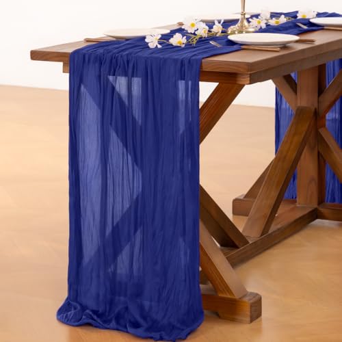 Image of Socomi Royal Blue Summer Cheesecloth Table Runner Boho Rustic Gauze 120 inch 10FT Cheese Cloth Sheer Runner for Wedding Party Baby Shower Birthday Home Decor Holiday Decorations
