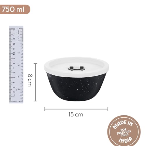 Image of Borosil 750ml Serving & Mixing Bowl with Lid | Made in India Borosilicate Glass Bowl for Kitchen & Dinning | Bowl for Mixing Dough, Salad, Batter | Microwave & Dishwasher Safe (Pebble Black)