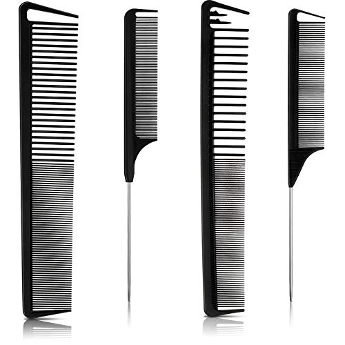 4 Pieces Carbon Fibre Comb Set, Pin Tail Comb, Wide and Fine Teeth Comb Teasing Comb Anti-static Comb Hair Styling Comb for Hair Salon, Black