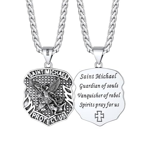 FaithHeart Saint Michael Necklace, Stainless Steel/18K Gold Plated St Michael the Archangel Pendant Amulet for Men Women with Gift Packaging 03. Shield Style 1- Sterling Silver Sterling Silv