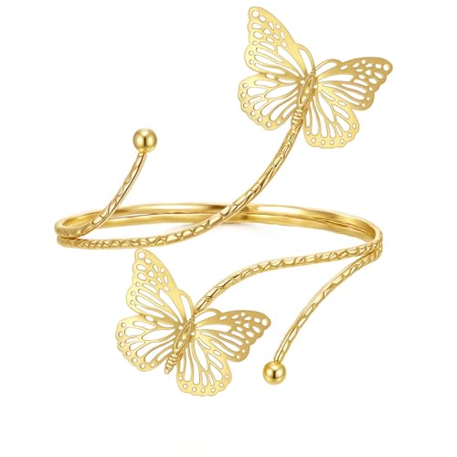 BROCC Upper Arm Cuff Bracelet for Women Butterfly Flower Bangle Bracelet Adjustable Upper Arm Cuff Bangle Gold Armband Summer Beach Essentials Jewelry