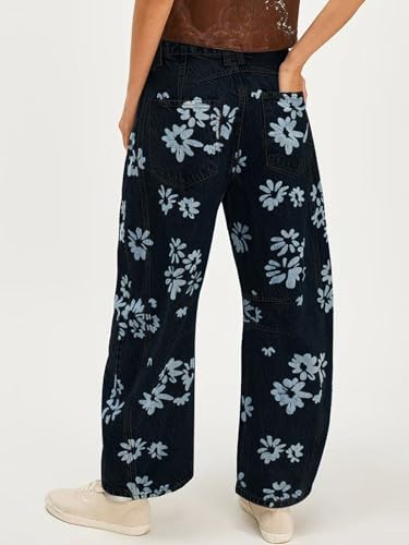 CHARTOU Floral Barrel Jeans Women Y2k Baggy Wide Leg Pants Patchwork Boyfriend Cargo Printed Denim Jeans3