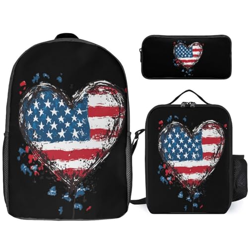 Heart Shaped Map of U.S. 17In Backpacks with Lunch Bag Pencil Case Set Resistant Daypack 3 Piece
