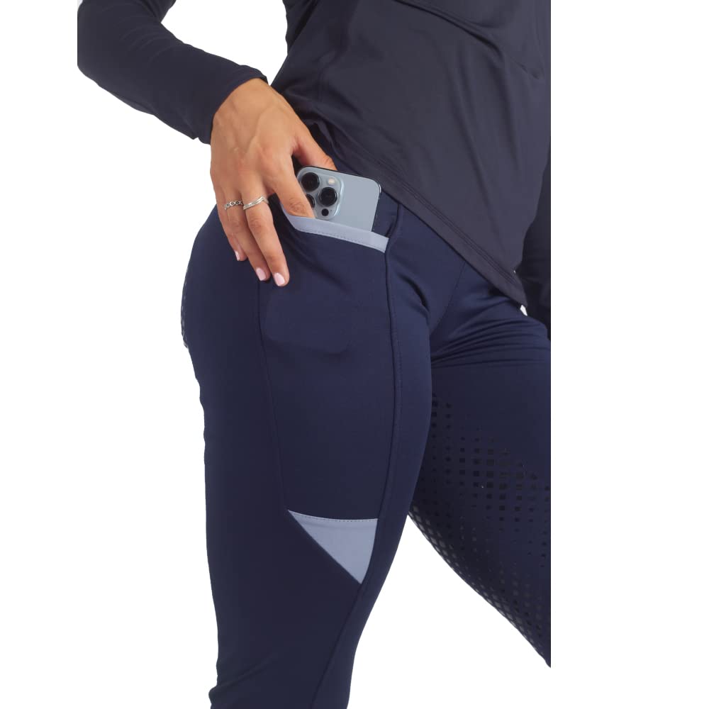 Collant da equitazione da donna in silicone sedile completo con tasche per telefono Jodhpurs Equitazione/Palestra/Yoga Leggings Collant Calzamaglia, Marina/Oceano, 28 W