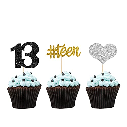 Image of Festiko24 pcs Teen 13th Cupcake Toppers, 13th Birthday Anniversary Party, Thirteen Years Old Happy Birthday Cupcake Picks (Gold, Black, Silver)