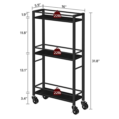 Mahancris 3-Tier Slim Rolling Cart, Mobile Utility Cart On Wheels, Narrow Shelving Unit For Small Space, Wooden Kitchen Storage Rack, For Bathroom, Laundry, Living Room, Black Rchb1501 #TOP2