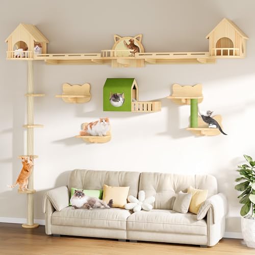 DWVO Solid Wood Cat Wall Shelves and Perches, Tall Floor to Ceiling Cat Tower w Scratching Posts, Wall Mounted Cats Furniture Climbing Shelves for Large Cats w Houses, Steps, Runway, Scratch