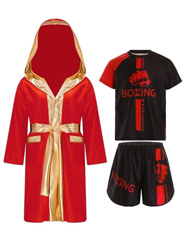 Ropa de boxeo para niños y jóvenes con pantalones cortos de satén y abrigo con capucha