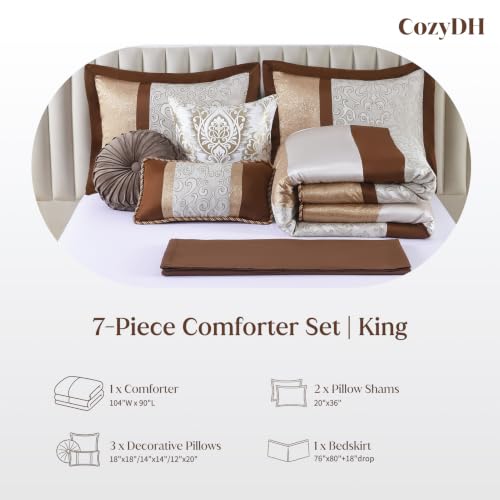 Image of CozyDH King Comforter Set Brown Cream - 7 Piece Luxury Jacquard Damask Bed in a Bag, Elegant Twisted Cord Edging, All Season Down Alternative Bedding with Bed Skirt, Shams, Decorative Pillows