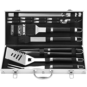grilljoy 20PCS Heavy Duty BBQ Grill Tools Set – Extra Thick Stainless Steel Spatula, Fork& Tongs. Complete Barbecue Accessories Kit in Aluminum Storage Case – Perfect Grill Gifts for Men
