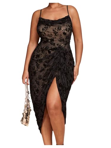 WDIRARA Women's Plus Size Tie Dye Bodycon Long Dress Cowl Neck Sleeveless Ruched Split Cami Dresses Black X-Large Plus