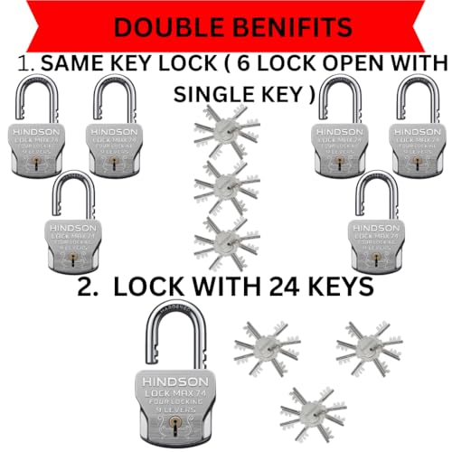 Image of HINDSON 24 Same Keys MAX 74mm 4 Locking System | 9 Lever Mechanism | Chrome Finish Heavy Duty Big Size 610g Approx | 6 Locks with 24 Same Keys for Gate, Shutter & Home Use