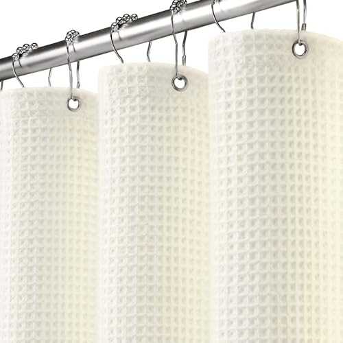 XOGUIBO Waffle Weave Shower Curtain - Ivory Cotton Fabric Texture Heavyweight Shower Curtain for Bathroom Washable 72Wx72L
