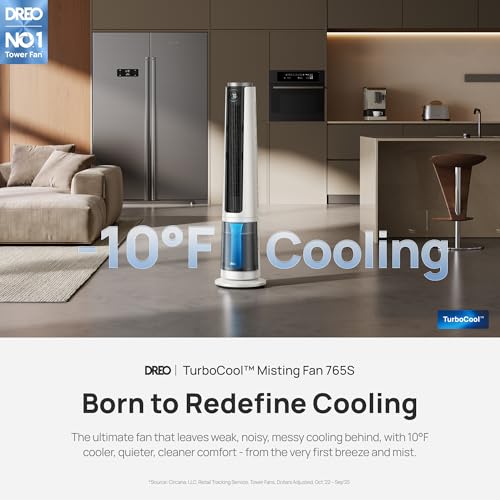 Image of DREO TurboCool Misting Fan 765S, Tower Fans that Blow Cold Air, 10F Cooling, 34ft /s Fast Standing Fan, 6L Tank, 20 dB Quiet DC Motor, 90 Smart Oscillating Fan with 12 Speeds, 4 Modes for Home, White