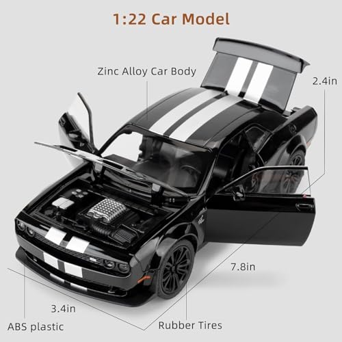 Image of 1:22 Dodge Challenger SRT Hellcat Model Car - Green Diecast Vehicle Toy with Pull Back Function, Lights & Sounds | Collectible Toy Car Model for Adults & Kids Birthday Gift (Black)