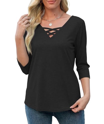 Heymiss Womens Tops 3/4 Sleeve V Neck Shirts Loose Casual Tunic Blouses Criss Cross Summer Tshirts2